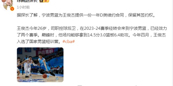 PG电子官网-1年顶薪！宁波男篮给核心王俊杰提供续约合同 保留签约权